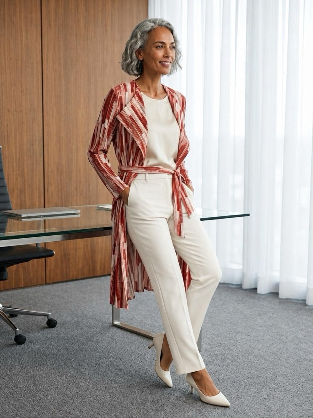 Chico's Red and Cream Patterned Long Jacket